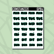 Load image into Gallery viewer, Green Plantchette Bubble Days of The Week Sticker Sheet