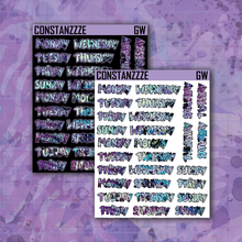 Load image into Gallery viewer, Blue Shatter Go Wild Vertical Zombie Full Days of the Week Sticker Sheet