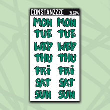 Load image into Gallery viewer, Jumbo Green Plantchette Zombie Days of the Week Sticker Sheet