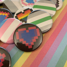 Load image into Gallery viewer, Pride Flag and Pixel Heart Buttons