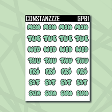 Load image into Gallery viewer, Green Plantchette Bubble Days of The Week Sticker Sheet