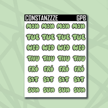 Load image into Gallery viewer, Green Plantchette Bubble Days of The Week Sticker Sheet