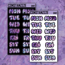 Load image into Gallery viewer, Jumbo Purple Shatter Go Wild Bubble Days of the Week Sticker Sheet