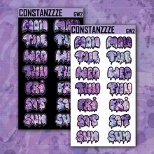 Load image into Gallery viewer, Jumbo Purple Shatter Go Wild Drippy Days of the Week Sticker Sheet