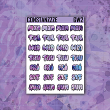 Load image into Gallery viewer, Purple Shatter Go Wild Small Drippy Days of the Week Sticker Sheet