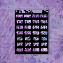 Load image into Gallery viewer, Purple Shatter Go Wild Small Drippy Days of the Week Sticker Sheet