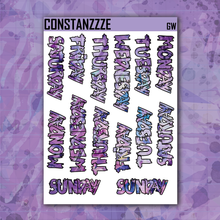 Load image into Gallery viewer, Jumbo Purple Shatter Go Wild Zombie Full Days of the Week Sticker Sheet
