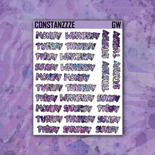 Load image into Gallery viewer, Purple Shatter Go Wild Vertical Zombie Full Days of the Week Sticker Sheet