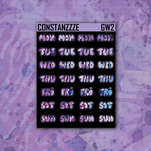 Load image into Gallery viewer, Purple Shatter Go Wild Small Bubble Days of the Week Sticker Sheet
