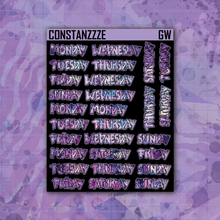 Load image into Gallery viewer, Purple Shatter Go Wild Vertical Zombie Full Days of the Week Sticker Sheet
