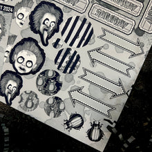 Load image into Gallery viewer, Halloween 2024 Advent Black and White Day 4 Sticker Sheets
