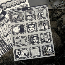 Load image into Gallery viewer, Halloween 2024 Advent Black and White Day 7 Sticker Sheets
