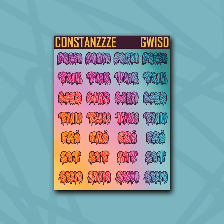 Race to Wild Zebra Small Drippy Days of the Week Sticker Sheet