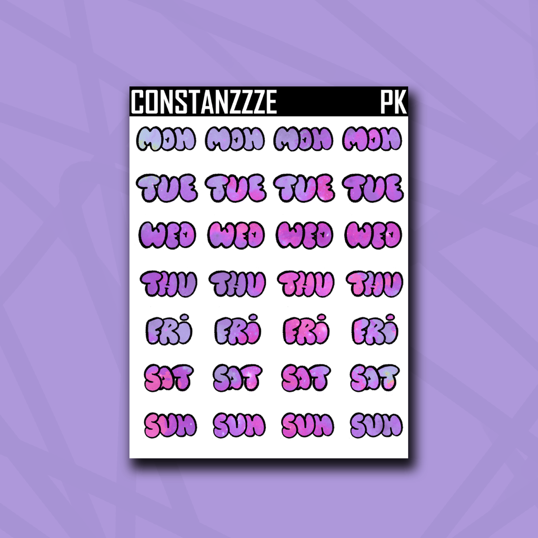 Pink Kandi Galaxy Bubble Days of The Week Sticker Sheet