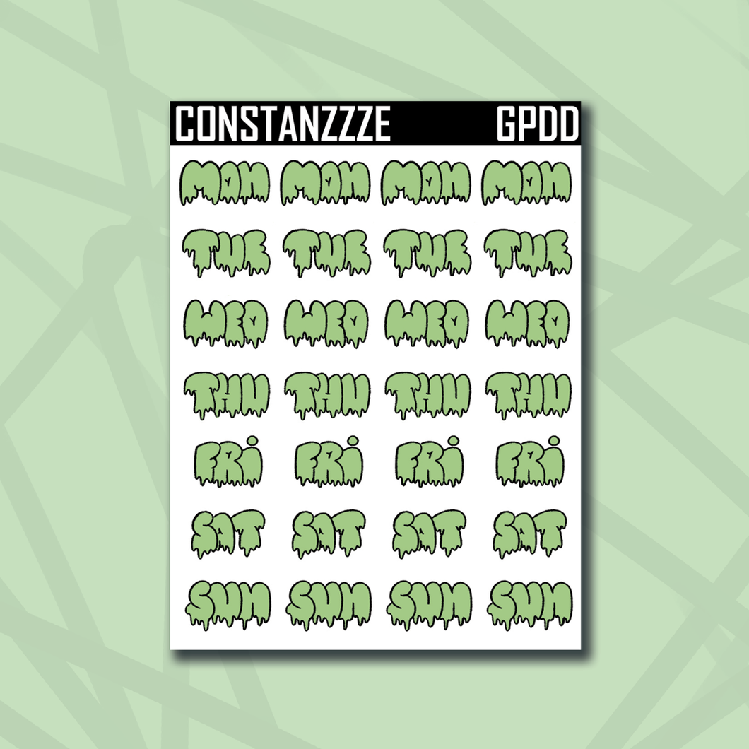 Green Plantchette Drippy Days of the Week Sticker Sheet