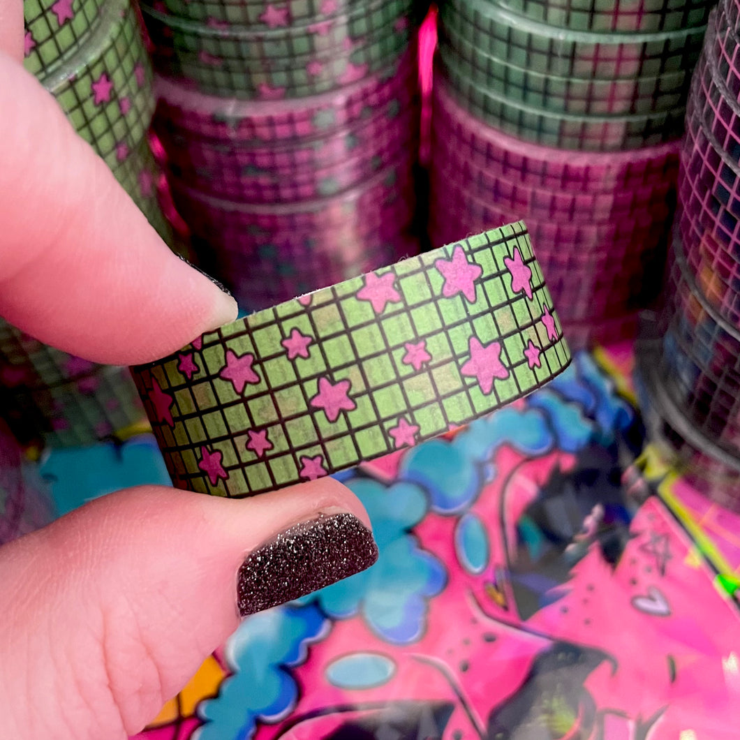 Green with Pink Star Grid Washi Tape 15mm