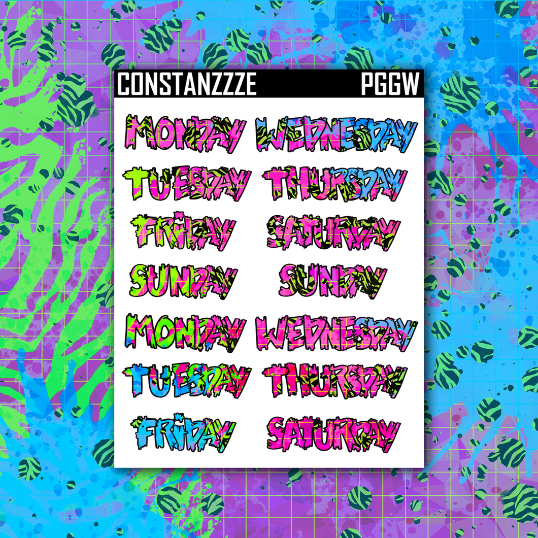 Neon Go Wild Medium Zombie Full Days of the Week Sticker Sheet