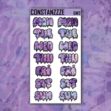 Load image into Gallery viewer, Jumbo Purple Shatter Go Wild Drippy Days of the Week Sticker Sheet
