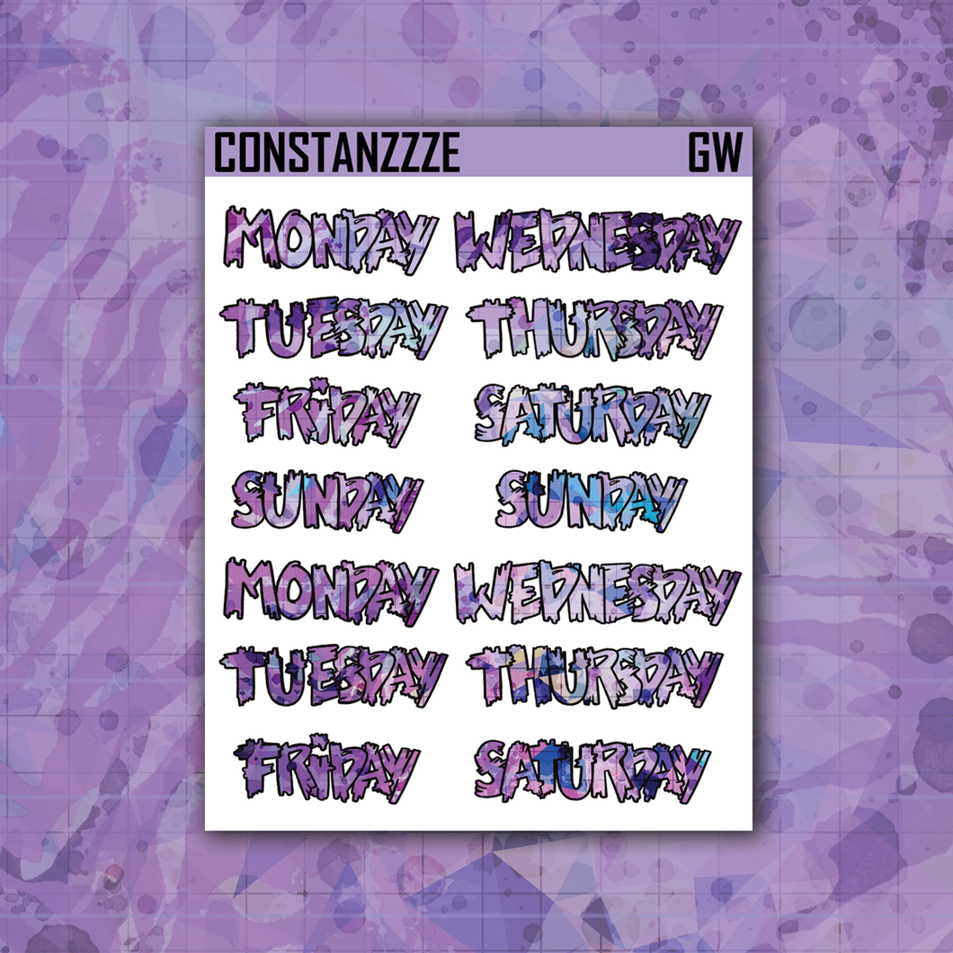 Purple Shatter Go Wild Medium Zombie Full Days of the Week Sticker Sheet