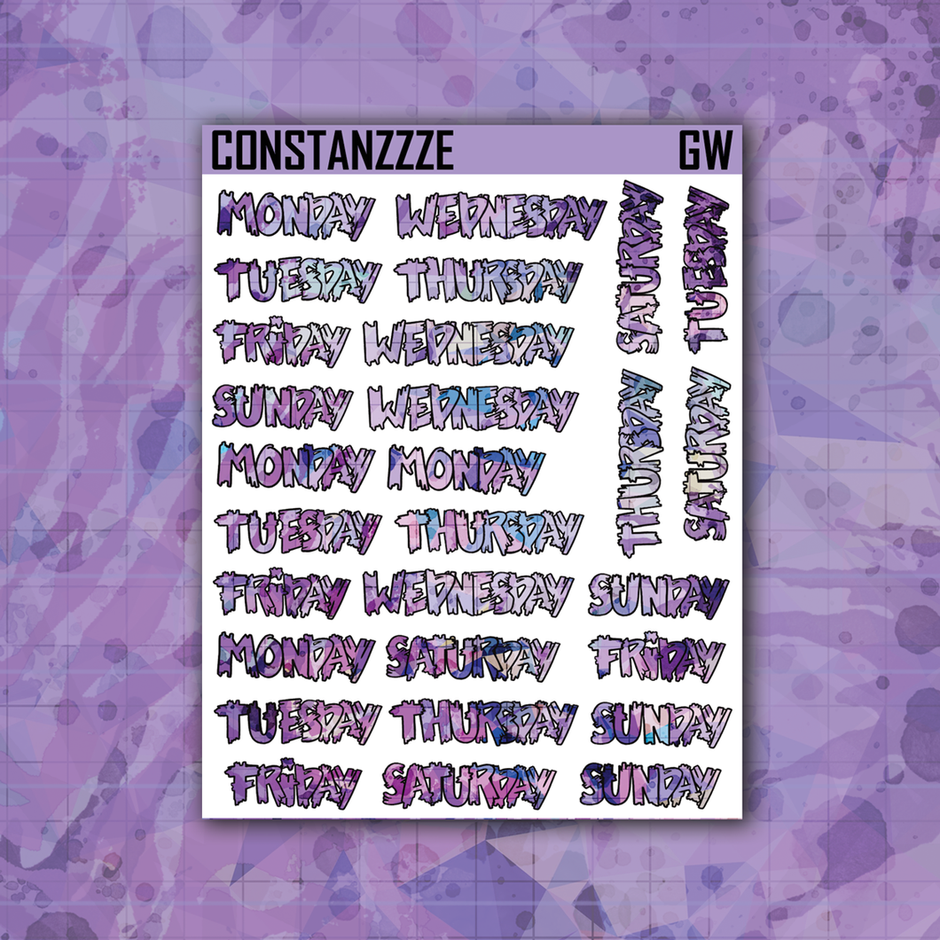 Purple Shatter Go Wild Vertical Zombie Full Days of the Week Sticker Sheet