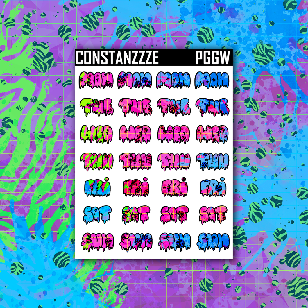 Neon Go Wild Small Drippy Days of the Week Sticker Sheet