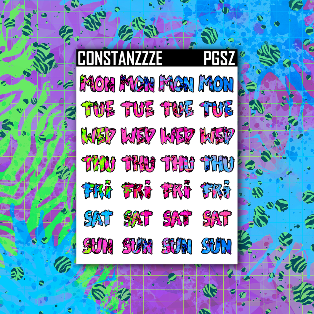 Neon Go Wild Small Zombie Days of the Week Sticker Sheet