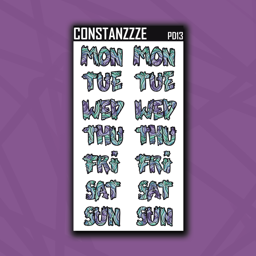 Jumbo Teal and Purple Rose Zombie Days of the Week Sticker Sheet