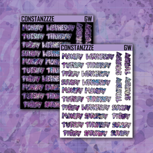 Load image into Gallery viewer, Purple Shatter Go Wild Vertical Zombie Full Days of the Week Sticker Sheet
